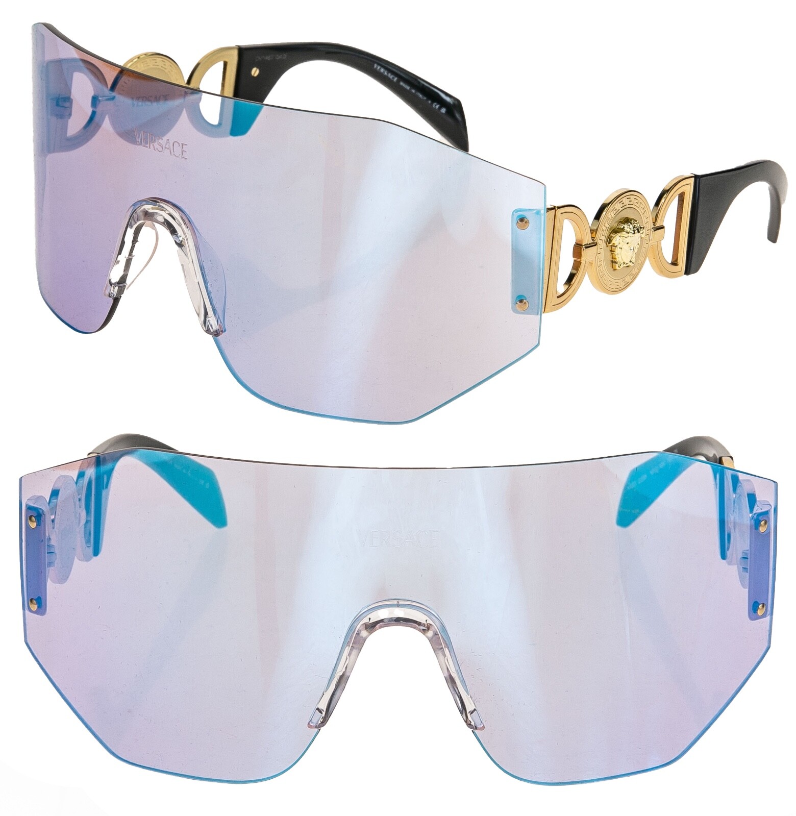 Pre-owned Versace Medusa Biggie Mask 2258 Black Blue Mirrored Ve2258 Unisex Sunglasses