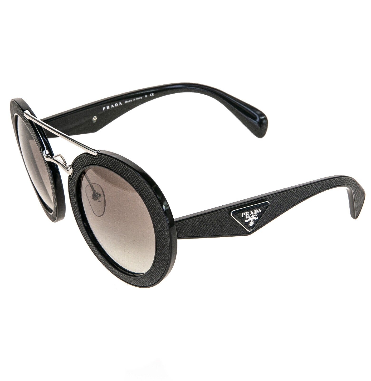 Pre-owned Prada 15s Cinema Ornate Saffiano Leather Pr15ss Black Sunglasses Triangle Logo In Gray
