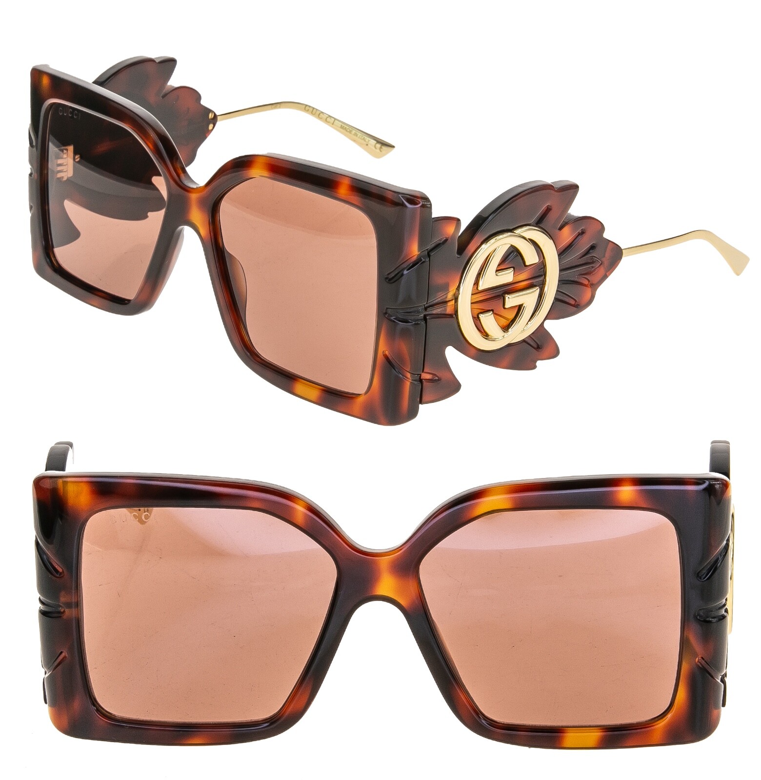 GUCCI 0535 Gold Brown Leaf Oversized Mask Fashion Sunglasses GUCCI 0535 Gold Brown Leaf Oversized Mask Fashion Sunglasses