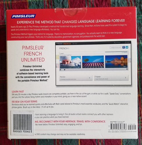 Pimsleur French Unlimited Level 1 Kit PC Cd-Rom Self Help Super Condition