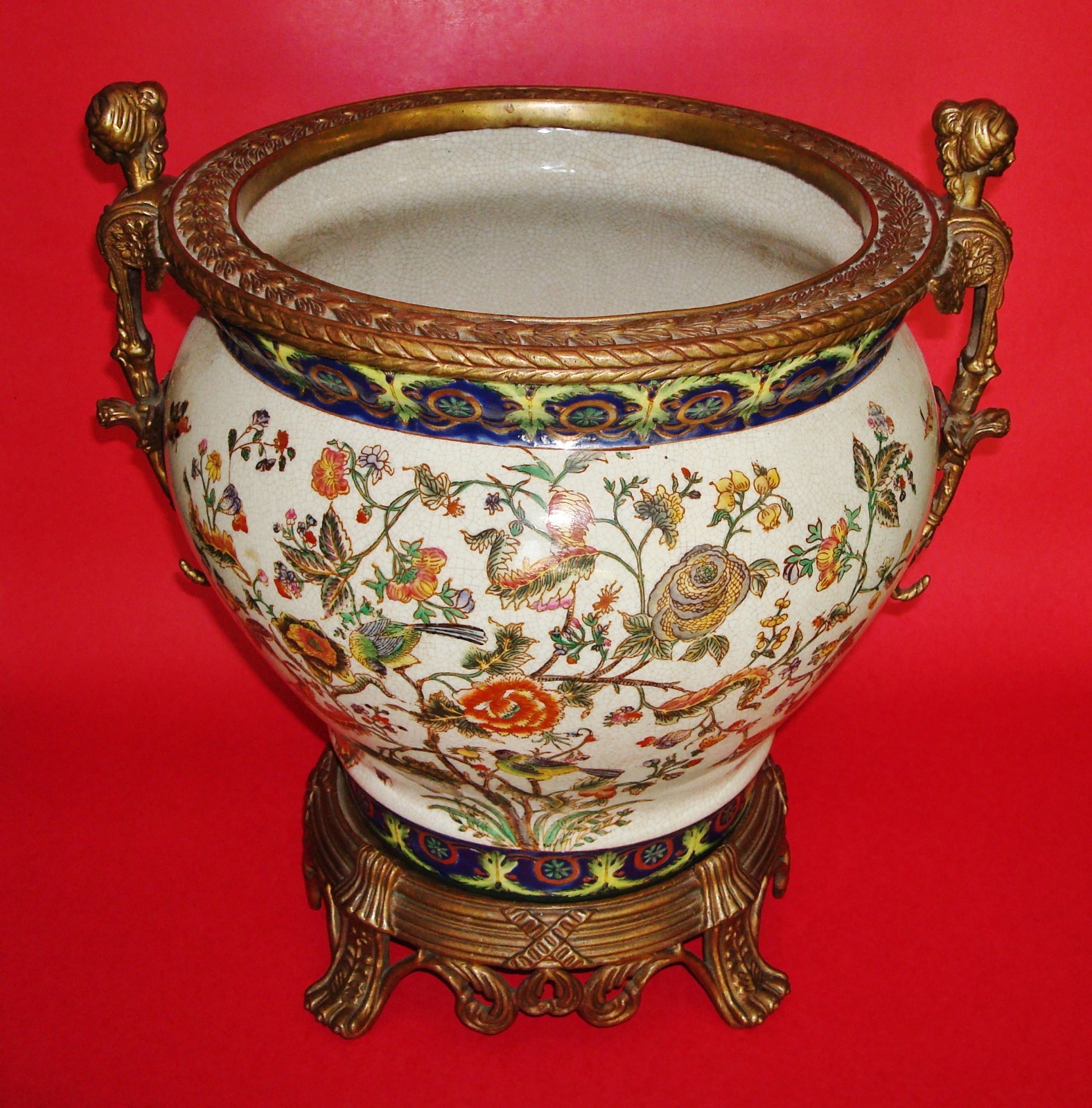 Contemporary Chinese WONG LEE Crackled Glaze Porcelain Planter w/ Ormolu Bronze