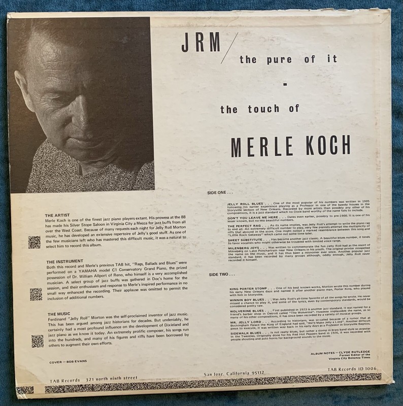 Merle Koch- Jelly Roll Morton  The Pure Of It   Vinyl LP  Estate Sale