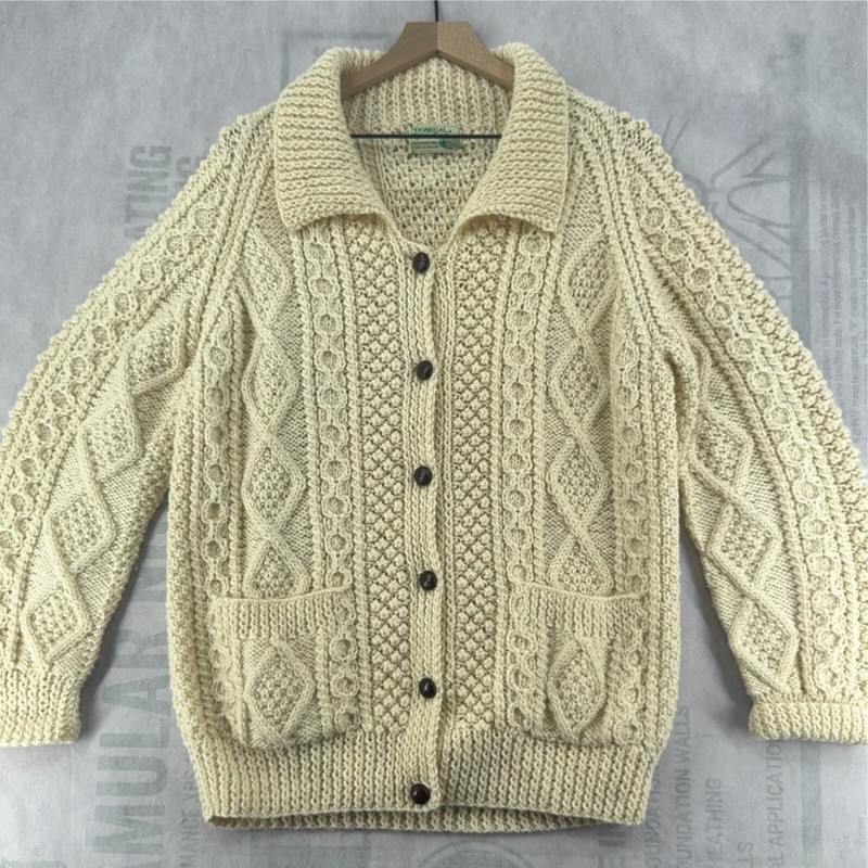 トップス 1980's DONEGAL II FISHERMAN CARDIGAN Large Vintage Irish Cable Knit Wool Fisherman Cardigan