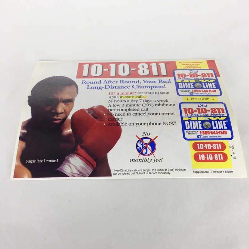 1999 VarTec Telecom 10-10-811 Long Distance Phone Stickers Ad Sugar Ray Leonard
