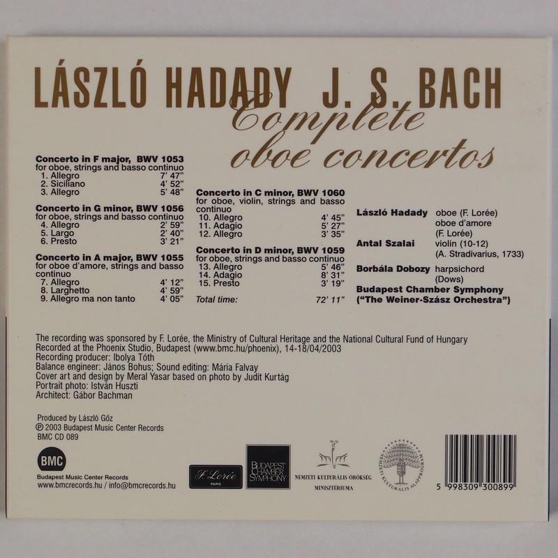 BACH: Complete Oboe Concertos, Laszlo Hadady BUDAPEST CD Digipak