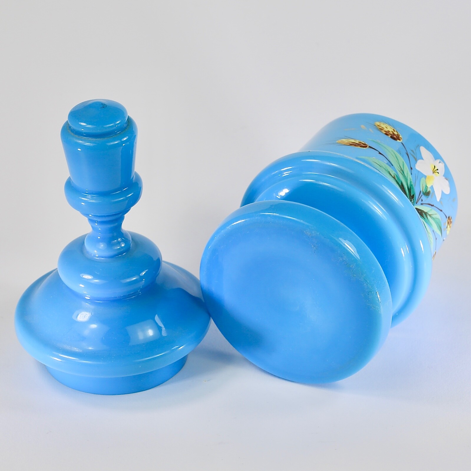 Antique blue opaline hand blown glass vanity Box or lidded Jar enamel flower