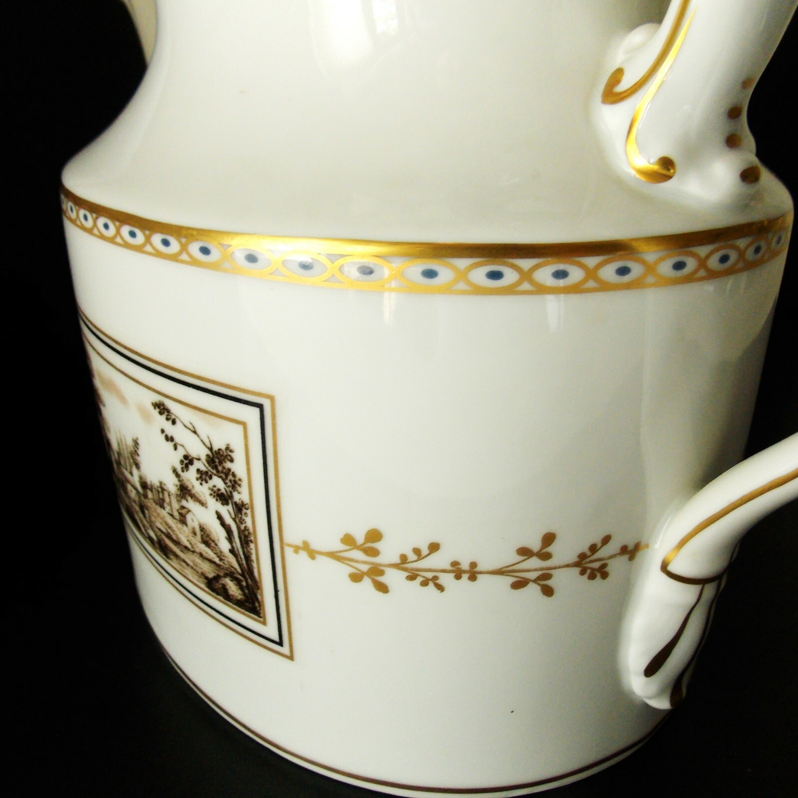 RICHARD GINORI FIESOLE ITALIAN SCENE WHITE GOLD PORCELAIN TEAPOT SEPIA GORGEOUS!