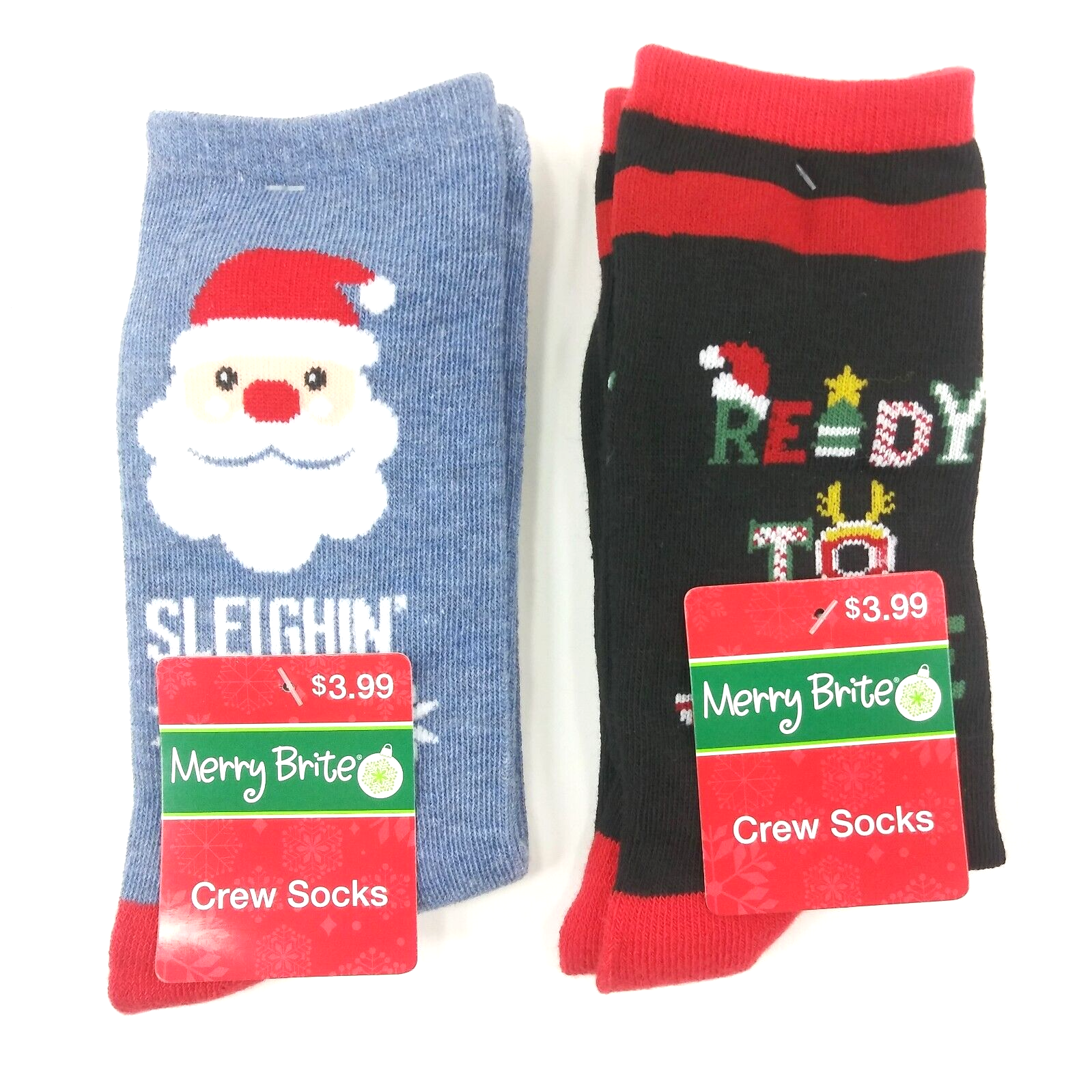 Lot Of 2 Pairs Crew Socks Santa & Jingle (shoe Size 4-10) New