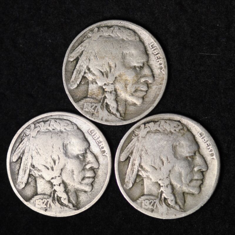 SET OF 3 COINS 1927 P D S Buffalo Nickel G / VG FREE SHIPPING