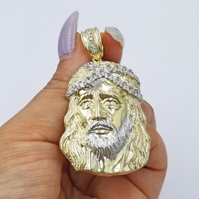 Pre-owned Globalwatches10 Real 10k Yellow White Gold Jesus Head Charm Pendant Diamond Cut 2.25" 35mm Men In Yellow & White