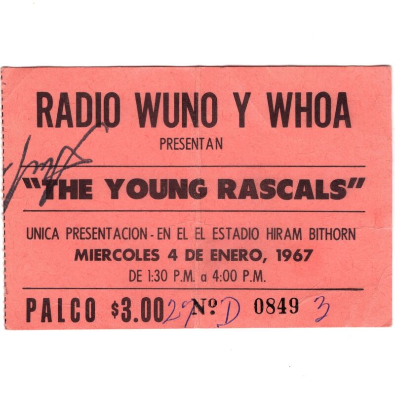 YOUNG RASCALS Concert Ticket Stub SAN JUAN PUERTO RICO 1/4/67 HIRAM BITHORN Rare