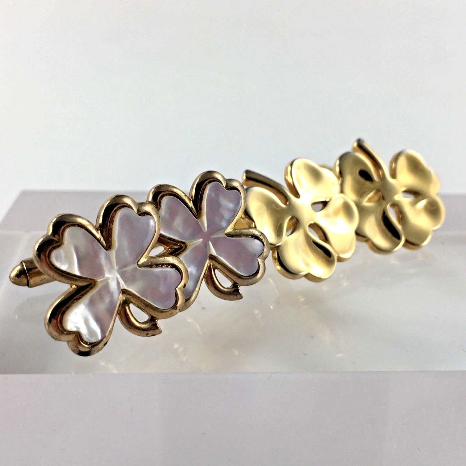 Swank Shamrock 4 Leaf Clover Cuff Links Lucky Set 2 Gold Tone Pearl Vtg Gift
