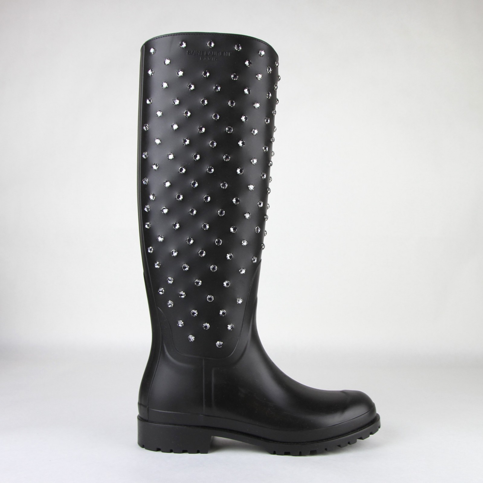 Pre-owned Saint Laurent Women Black Rubber Rain Boots W/crystal Studs 427307 1000