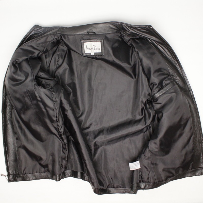 Albert Duke Mens Leather Jacket S Solid Black Full Zip Collarless Coat Soft