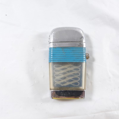 Vintage Scripto Vu Pocket Lighter, Blue Band, Chrome Swirl Infinity