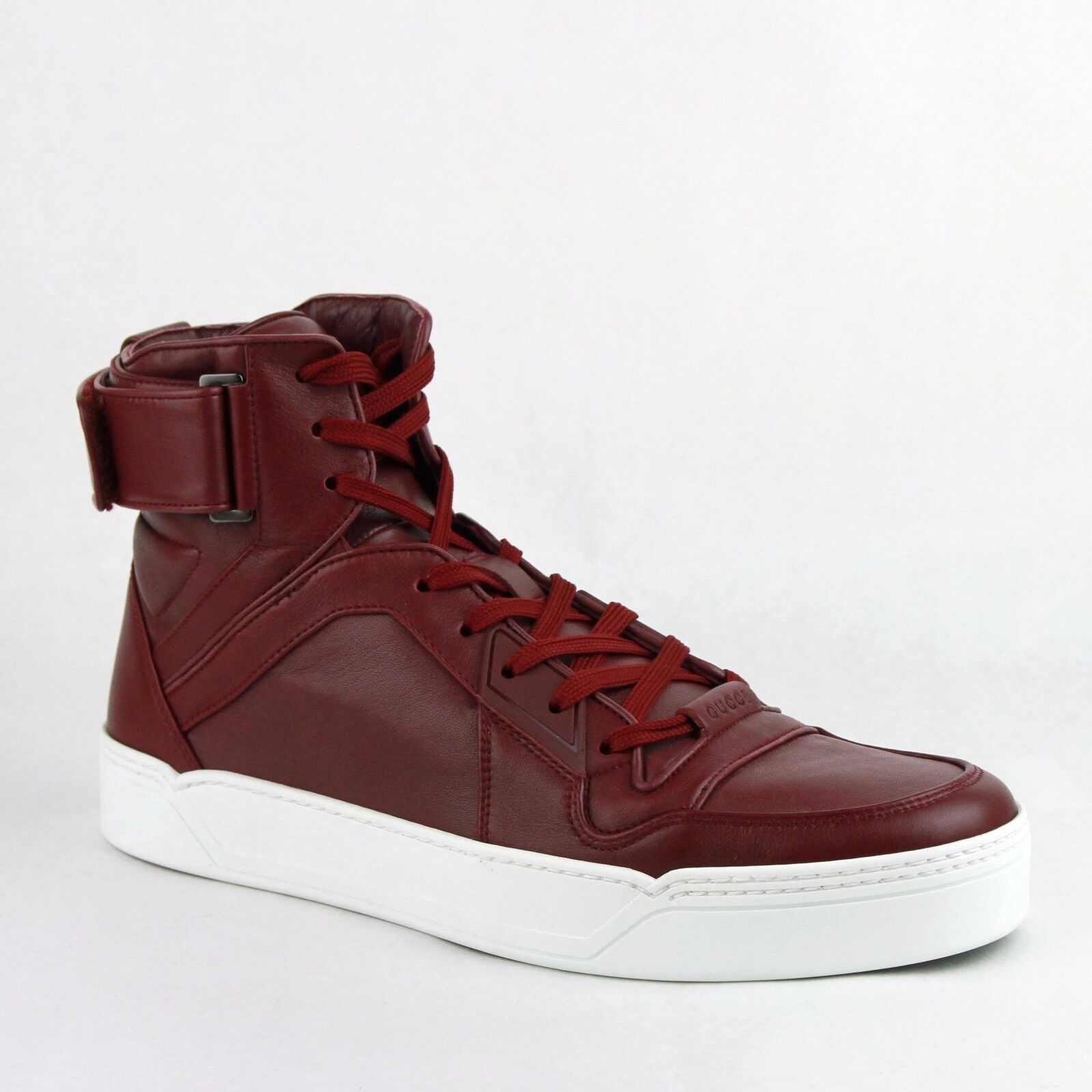 Pre-owned Gucci Men's Strong Red Leather High Top Sneakers W/strap 386738 6148