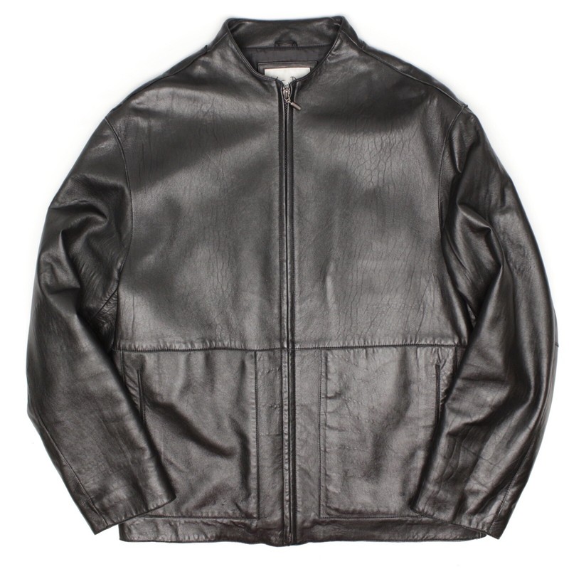 Albert Duke Mens Leather Jacket S Solid Black Full Zip Collarless Coat Soft