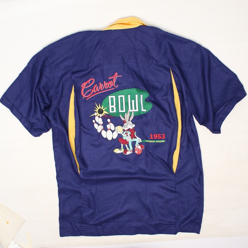 WB Bowling League Shirt S Blue Yellow Carrot Bowl Bugs Bunny