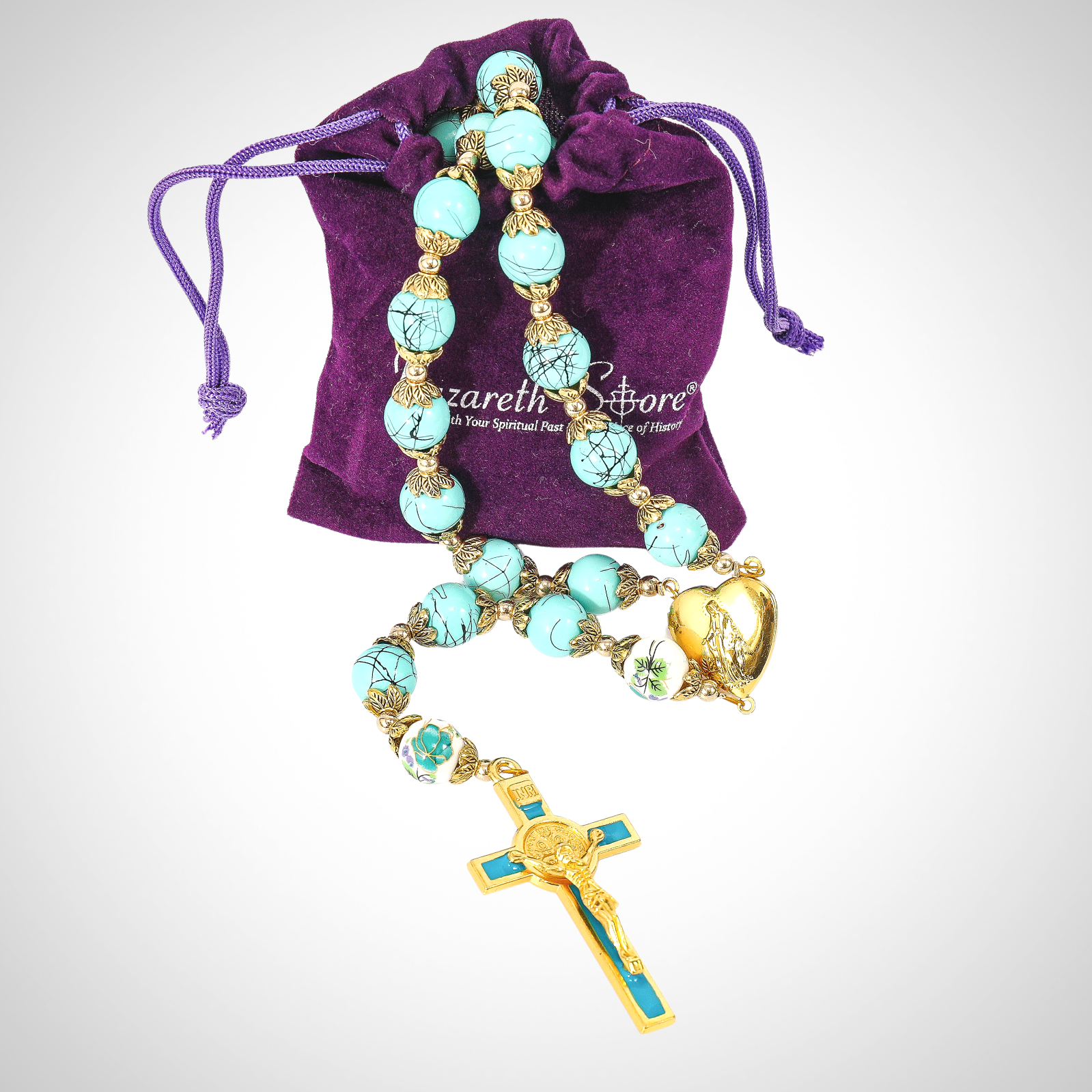 St. Benedict Turquoise Rosary Beads Catholic Necklace Flowers Mystery Beads