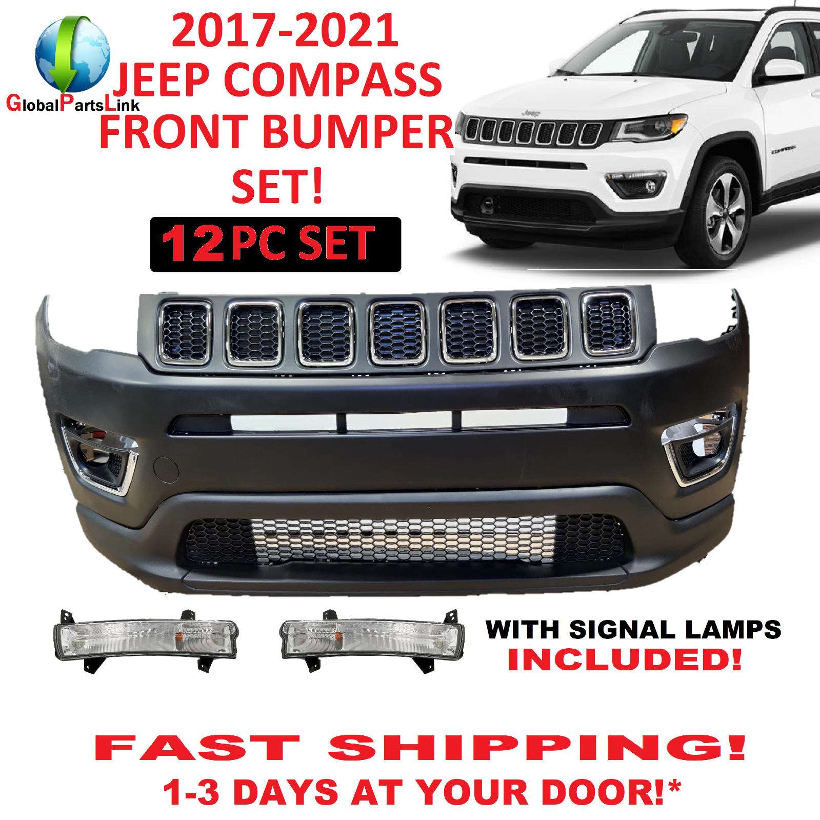2017 2018 2019 2020 2021 FIT JEEP COMPASS FRONT BUMPER SET UPPER LOWER GRILL FOG