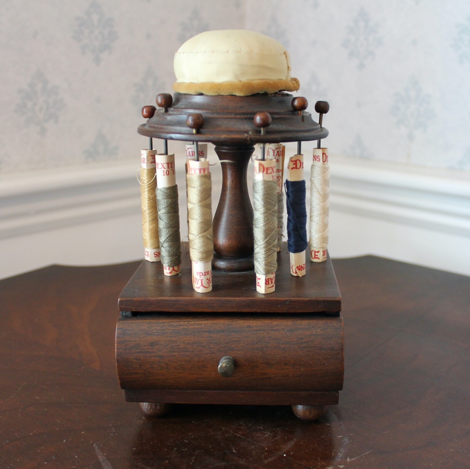 Antique Victorian Wooden Pin Cushion Spool Holder with YarnsのeBay公認海外通販