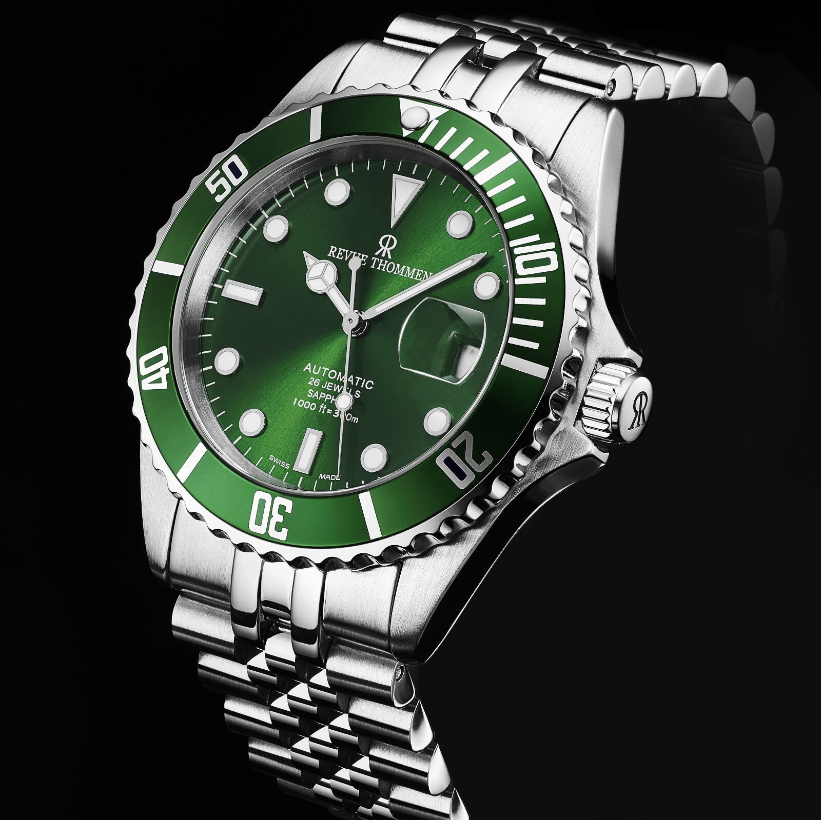 Pre-owned Revue Thommen Men's Diver Green Dial Stainless Steel Automatic Watch 17571.2229