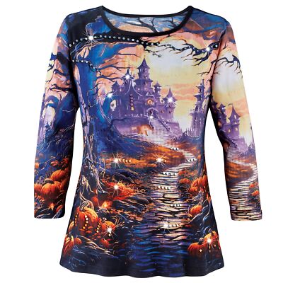 Haunted Castle Sequin Detailed 3/4 Length Sleeve Halloween Top