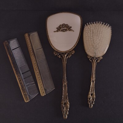 Globe 24K Gold Plated Vanity Set Hollywood Regency Cherubs Mirror Brush Combs