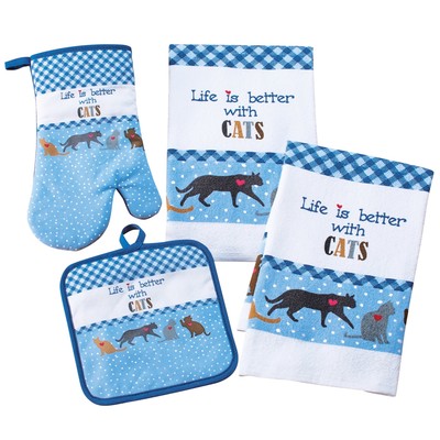 4-Piece Cat Oven Mitt, Pot Holder, & Towels Kitchen Set