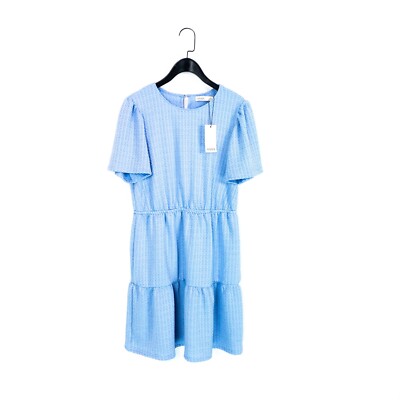 Oasis Powder Blue Textured Tiered Flutter Sleeve Mini Dress - Size M NEW