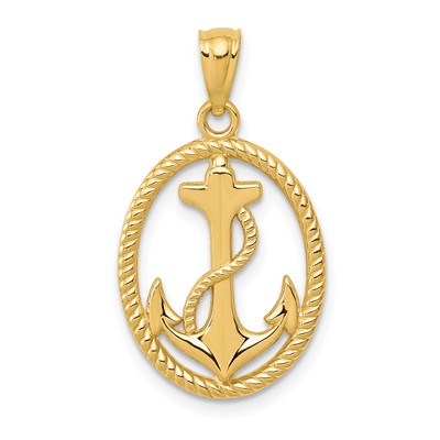 Avariah Solid 14k Yellow Gold Polished Anchor w/Rope Oval Pendant - 25.8mm