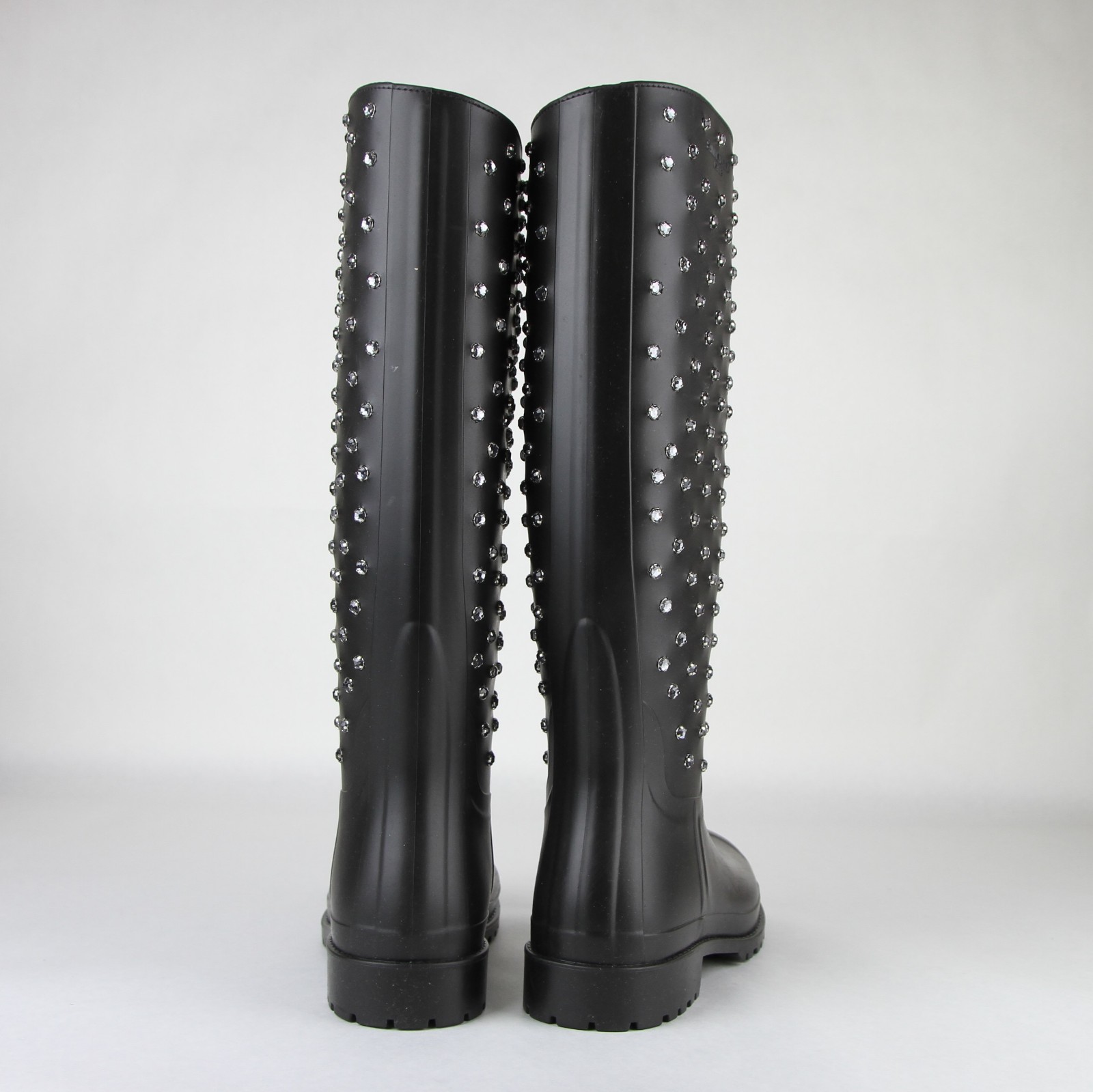 Pre-owned Saint Laurent Women Black Rubber Rain Boots W/crystal Studs 427307 1000