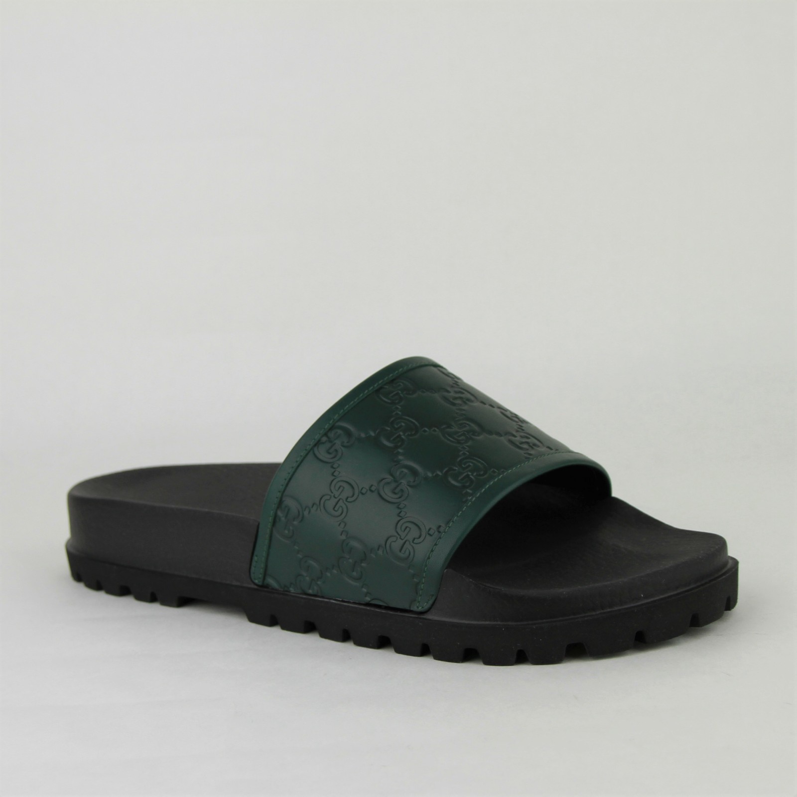 Pre-owned Guccissima Gucci Green And Black Leather  Pattern Sandals 431070 3020 In Green/balck
