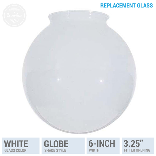 6-Inch White Globe Glass Shade 3-1/4 Opening Lighting Fixture Satco Replacement