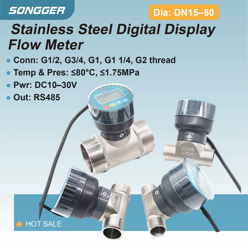 SUS-LCD Compact Stainless Steel LCD Water Flow Meter Battery Operated Threaded f