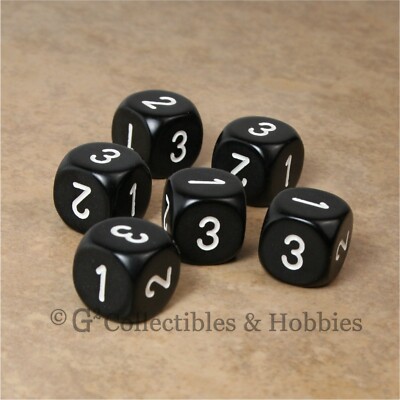NEW Set of 6 D3 Six Sided 1 to 3 Twice Black w White Numbers Game Dice D&D RPG 