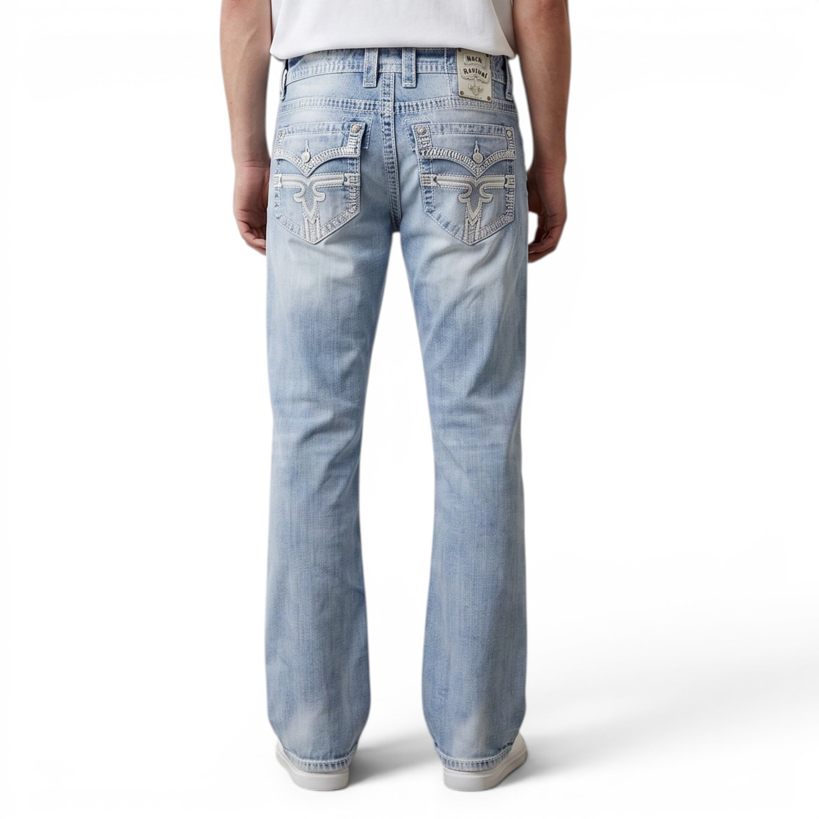 Rock Revival Nelson Bootcut Jeans Men 36x34 Light Wash Distressed Thick Stitched