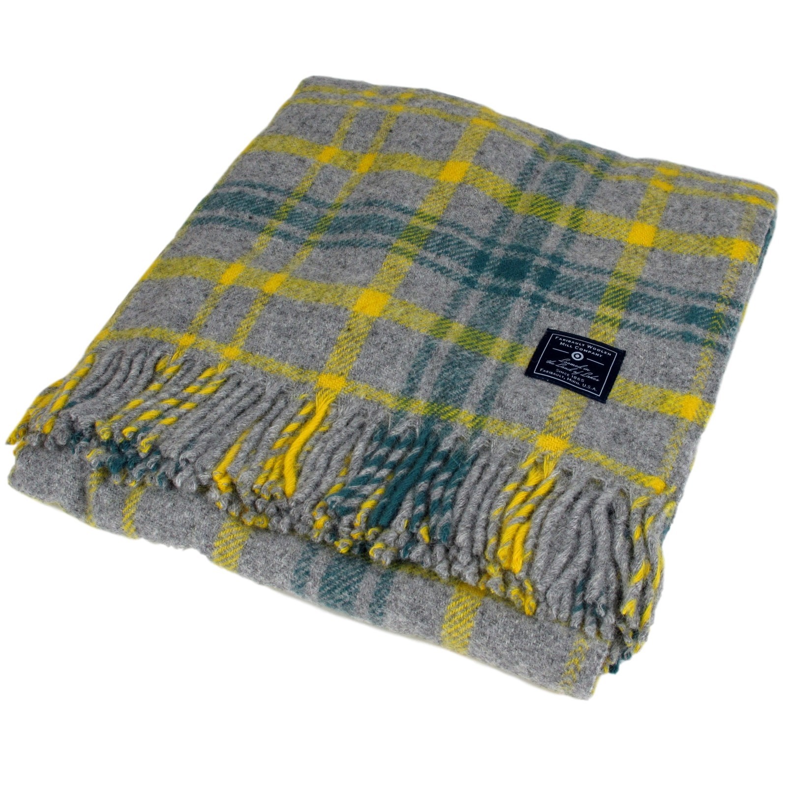 Faribault Woolen Mill Company Plaid Wool Throw Blanket - Heather Grey/Yellow