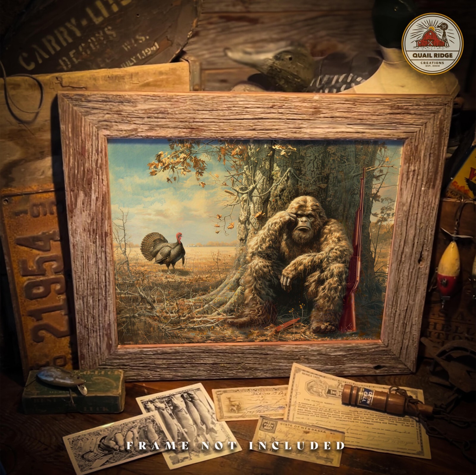 Vintage Sasquatch Bigfoot Art Print Turkey Hunting Artwork Cabin Wall Decor Gift