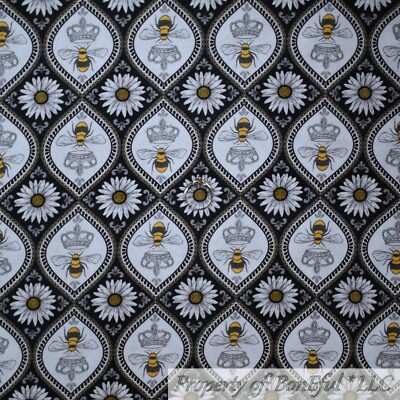 BonEful FABRIC FQ Cotton Quilt Black White B&W Yellow Bumble Bee Damask Flower S