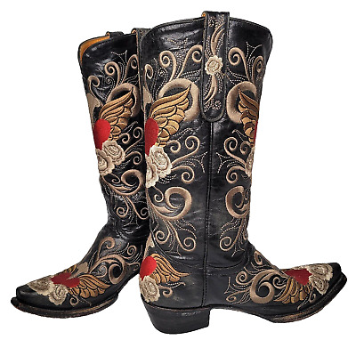 Old Gringo Grace Boots Black Embroidered Flowers Hearts Wings Womens 8.5 VGUC