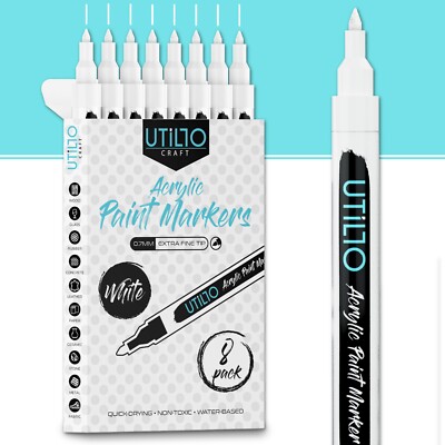 White Acrylic Paint Marker Pen (8-Pack) Extra Fine Tip 0.7mm by Utillo Craft