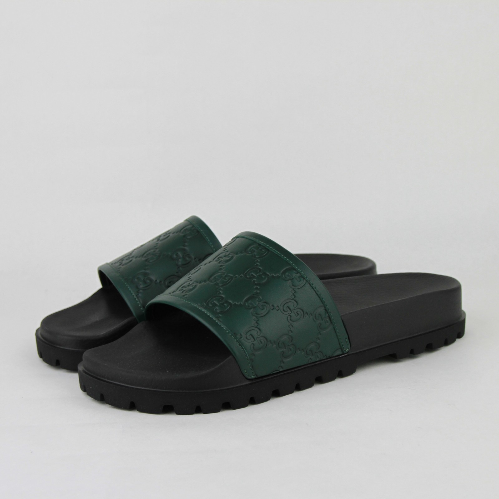 Pre-owned Guccissima Gucci Green And Black Leather  Pattern Sandals 431070 3020 In Green/balck