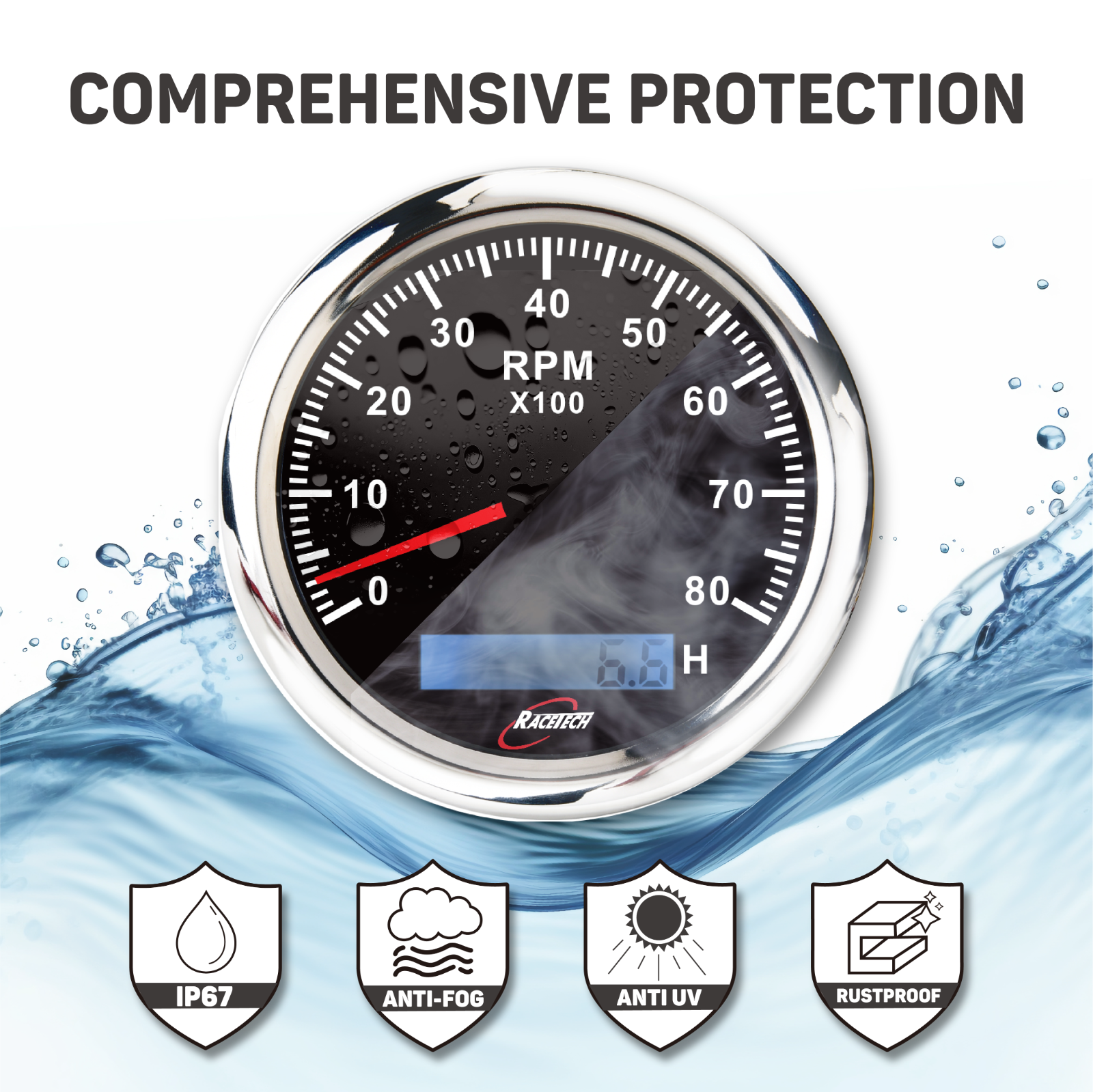 RACETECH 85mm 3 3/8" 7 Color Black Tachometer HOURMETER 8000 RPM