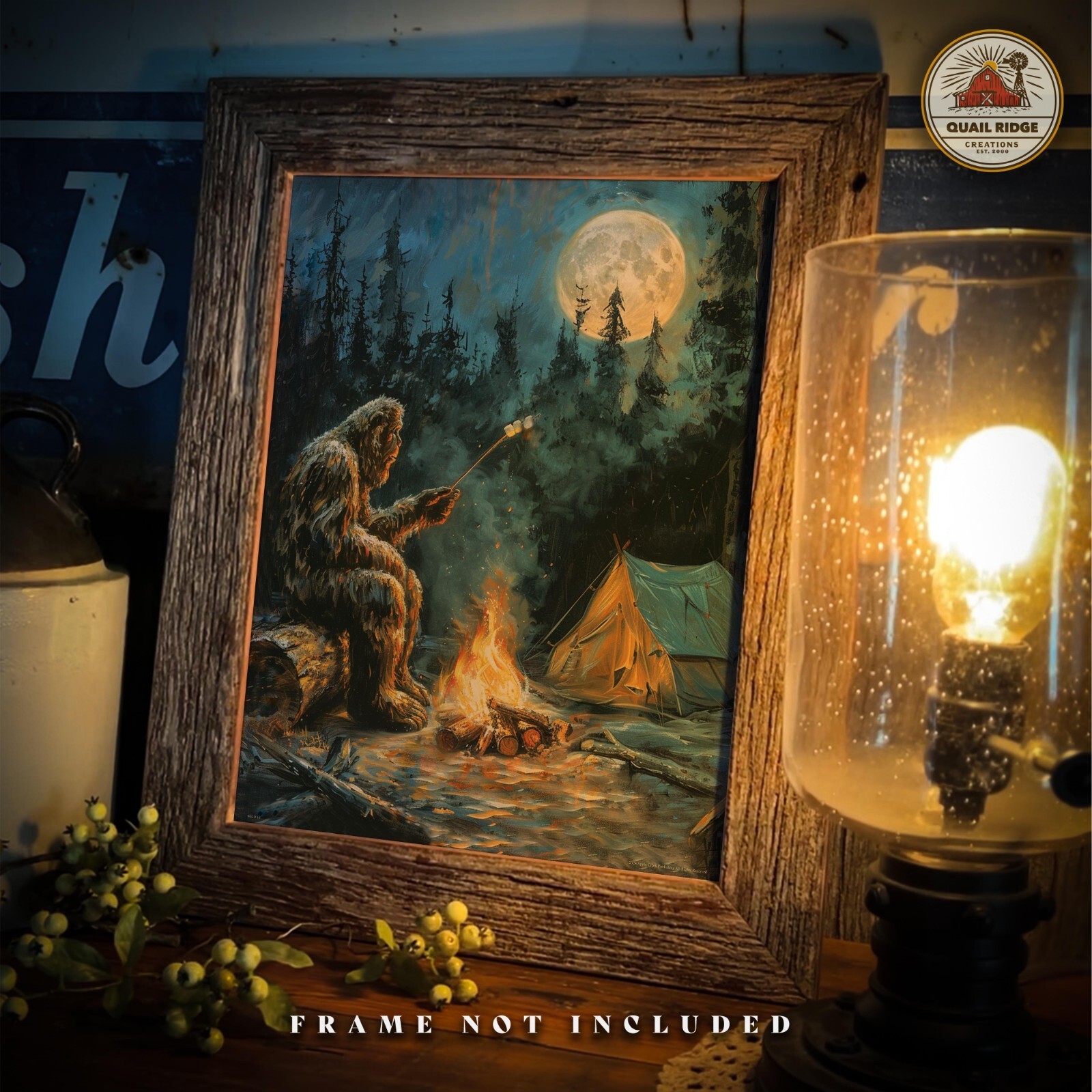 Vintage Sasquatch Bigfoot Art Print RV Camping Artwork Cabin Wall Decor Gift