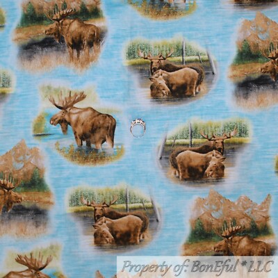 BonEful Fabric FQ Cotton Quilt Blue White Water Scenic Mountain Moose Log Cabin