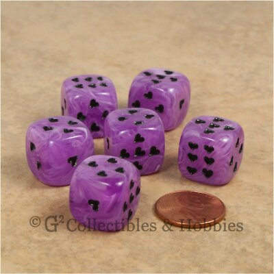 NEW 6 Purple Cirrus Swirl w/ Heart Pips Dice Set 16mm Six Sided RPG D&D Game D6