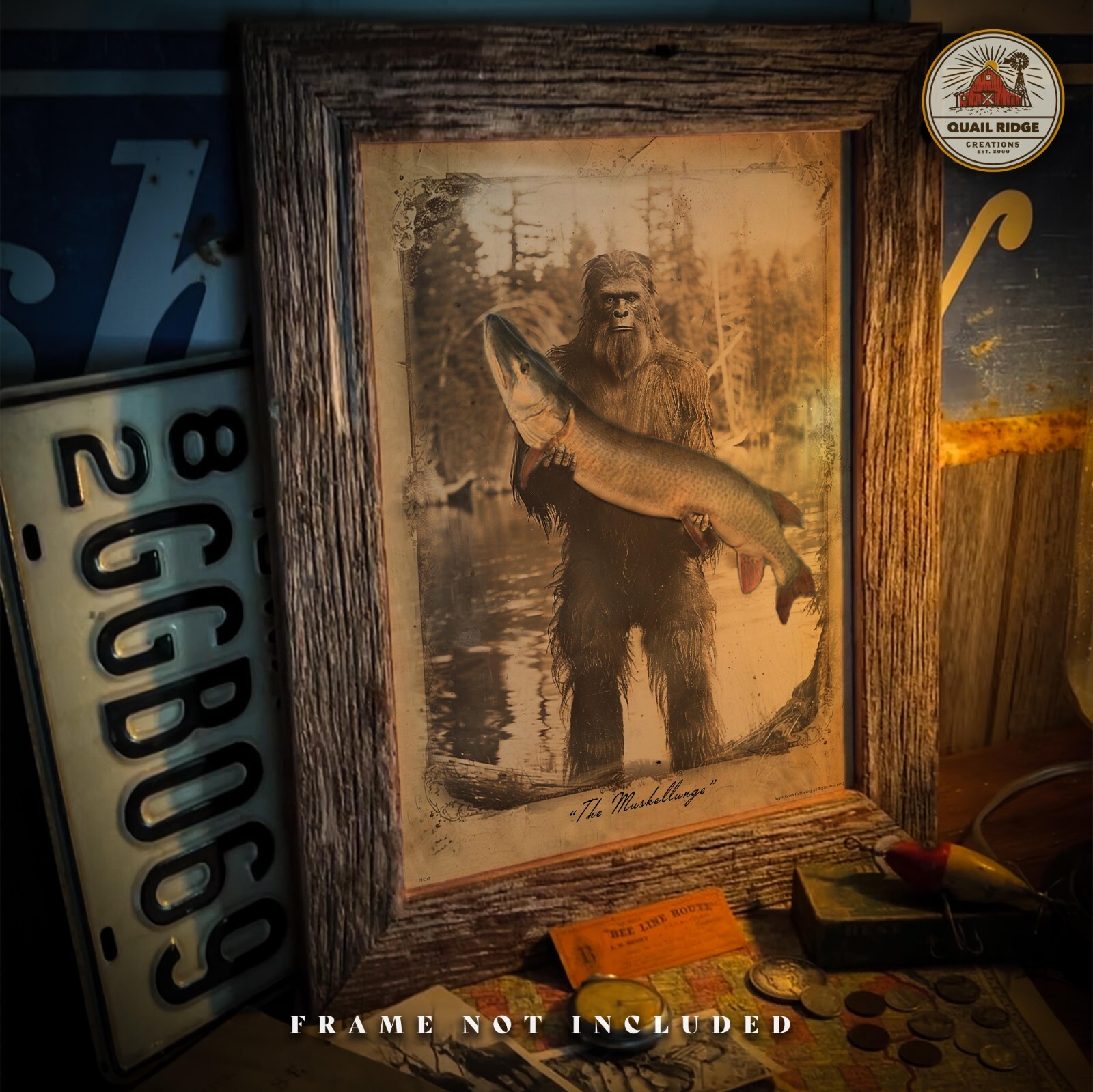 Vintage Sasquatch Bigfoot Photograph Art Print Muskie Fishing Hunting Cabin Gift