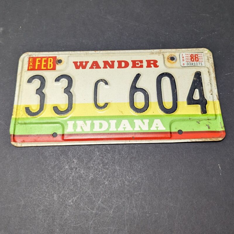 Indiana License Plate 1986 33C604 Expired FEB 1986 WANDER INDIANA
