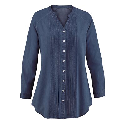 Pintuck Split V-Neck Long-Sleeve Denim Tunic with Button Placket